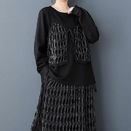 Mesh Panel Top & Midi A-Line Skirt Set