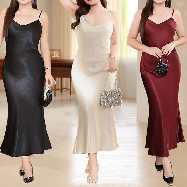 Satin Mermaid Midi Dress Plus Size Thin Straps