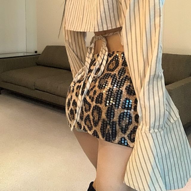 Striped Shirt & Leopard Pencil Skirt Two-Piece Set