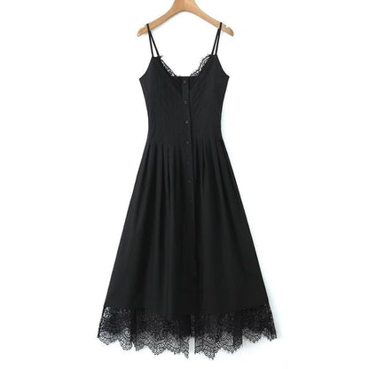 V-Neck Lace A-Line Midi Dress