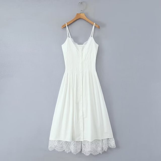 V-Neck Lace A-Line Midi Dress