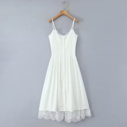 V-Neck Lace A-Line Midi Dress
