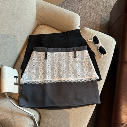 Lace Panel Mini Skirt with High-Rise Mock Two-Piece Design