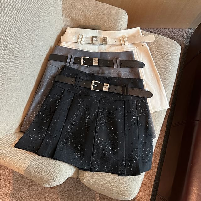 Glitter Pleated Mini Skirt with Waist Belt - A-Line Silhouette