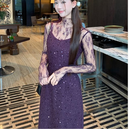 Mock Neck See-Through Lace Top & Sequin Slit Maxi Dress
