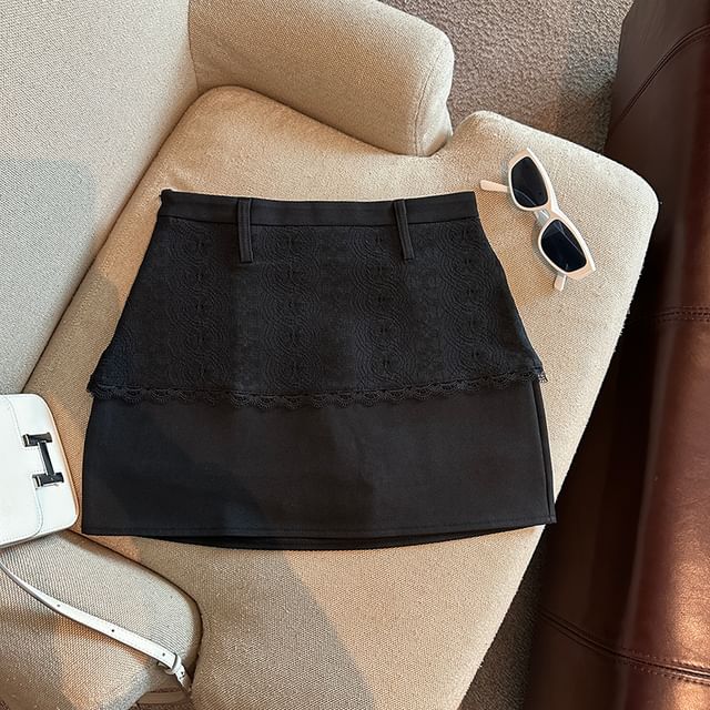 Lace Panel Mini Skirt with High-Rise Mock Two-Piece Design