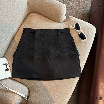 Lace Panel Mini Skirt with High-Rise Mock Two-Piece Design