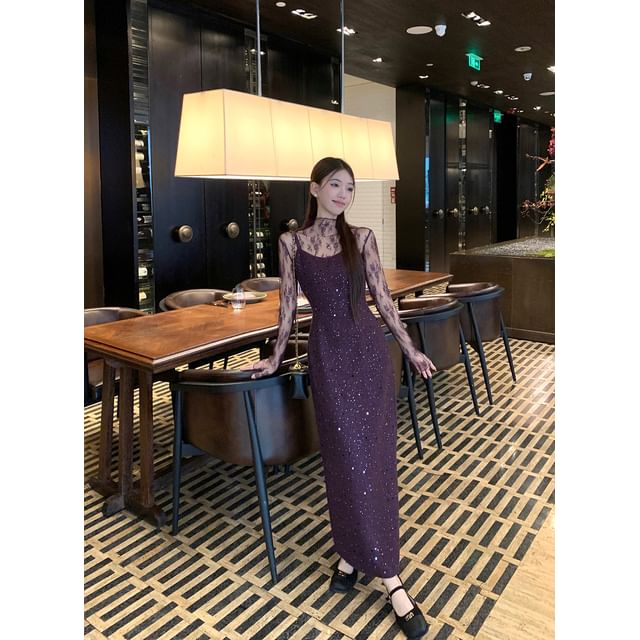 Mock Neck See-Through Lace Top & Sequin Slit Maxi Dress