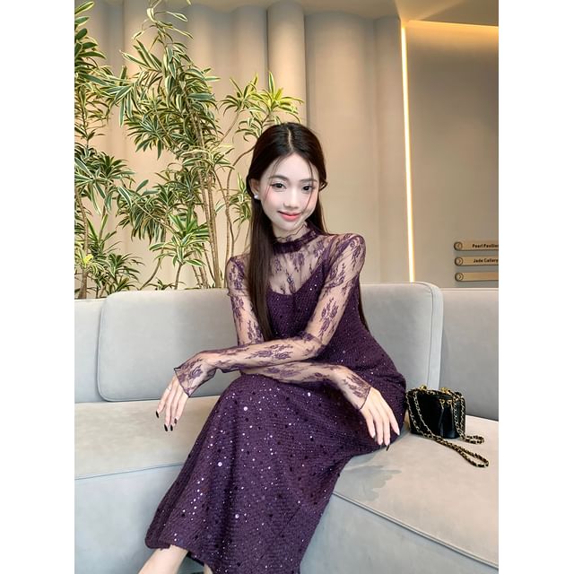 Mock Neck See-Through Lace Top & Sequin Slit Maxi Dress
