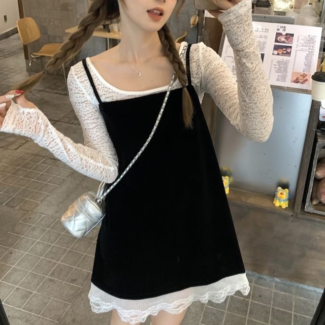 Round Neck Lace Top & Velvet Mini Dungaree Dress Thin Straps
