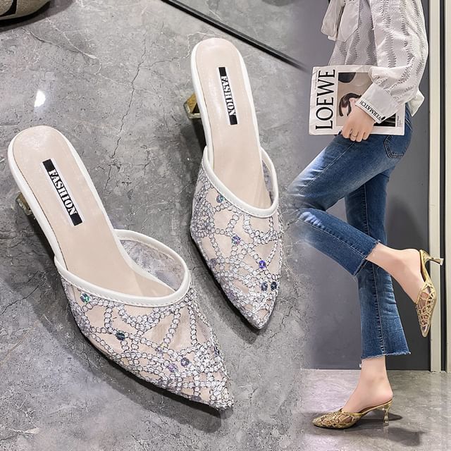 Rhinestone Mesh Pointed Toe Kitten Heel  Mules