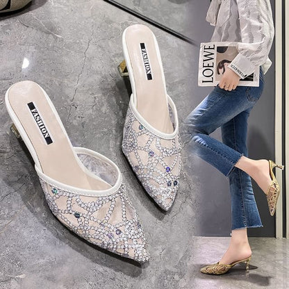 Rhinestone Mesh Pointed Toe Kitten Heel  Mules