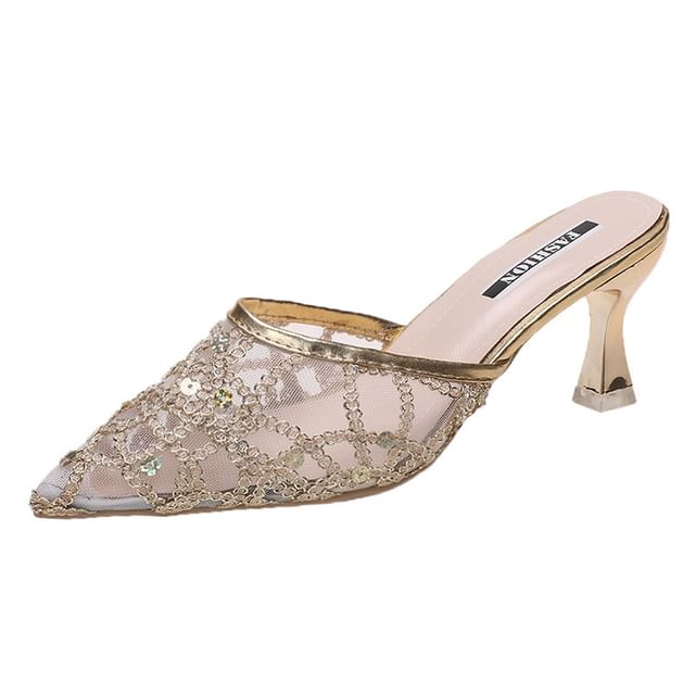 Rhinestone Mesh Pointed Toe Kitten Heel  Mules