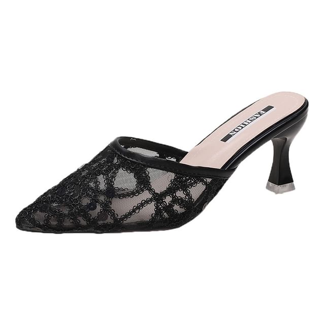 Rhinestone Mesh Pointed Toe Kitten Heel  Mules