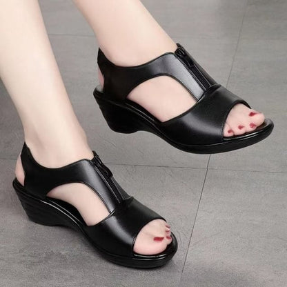 Wedge Heel Plain Zipped Faux Leather Sandals