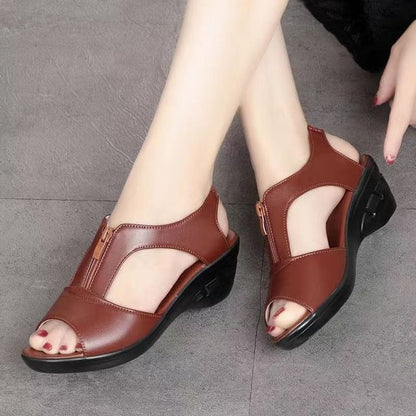 Wedge Heel Plain Zipped Faux Leather Sandals