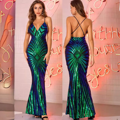 V-Neck Sequin Mermaid Maxi Dress Thin Straps