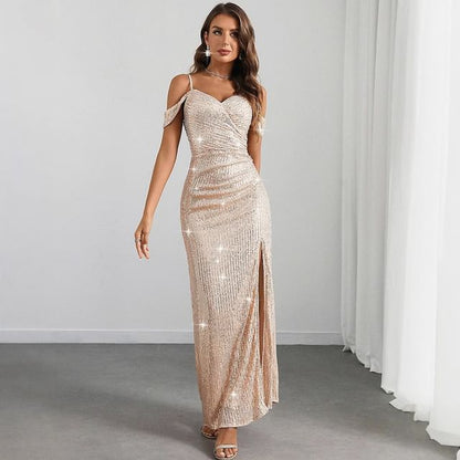 Glitter Sheath Maxi Dress with Spaghetti Straps