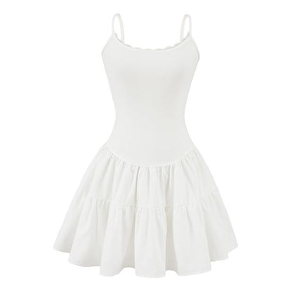 Lace-Trim Slim-Fit Mini A-Line Dress Thin Straps
