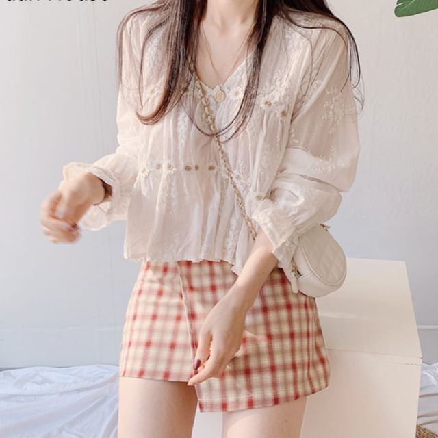 Long Sleeve V-Neck Plain Chiffon Blouse / High Waist Plaid Mini A-Line Skirt