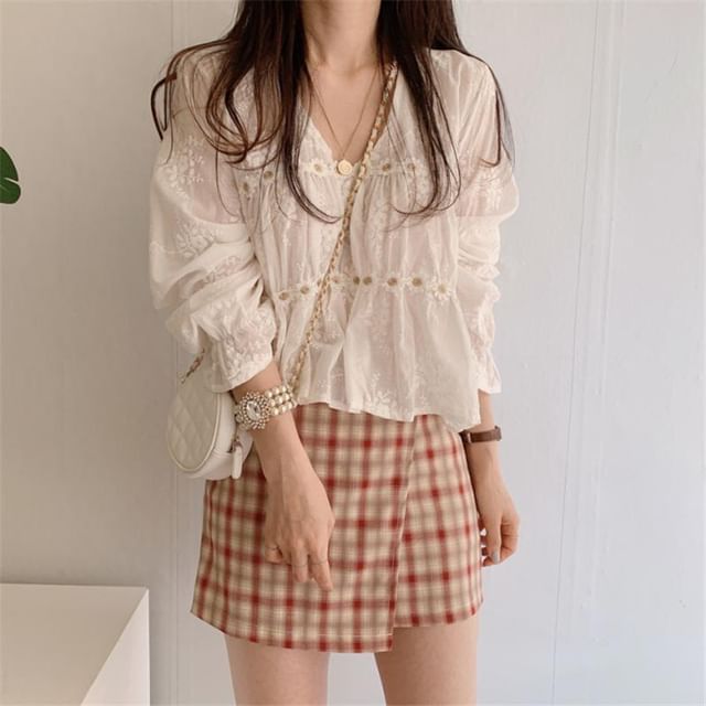 Long Sleeve V-Neck Plain Chiffon Blouse / High Waist Plaid Mini A-Line Skirt