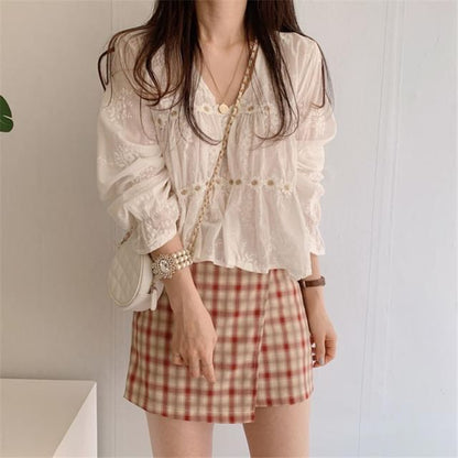 Long Sleeve V-Neck Plain Chiffon Blouse / High Waist Plaid Mini A-Line Skirt