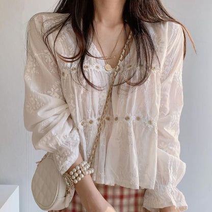 Long Sleeve V-Neck Plain Chiffon Blouse / High Waist Plaid Mini A-Line Skirt