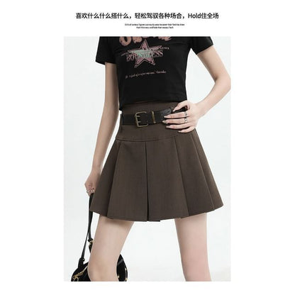 Pleated Mini Skirt with Belt - High Waist Set