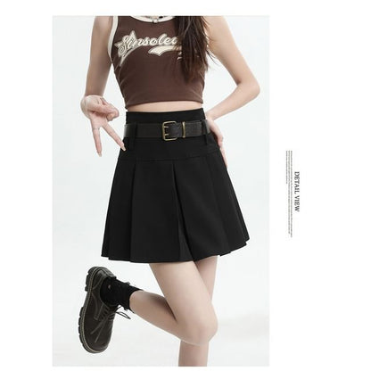 Pleated Mini Skirt with Belt - High Waist Set