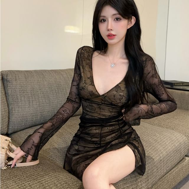 V-Neck Lace Top with Pencil Skirt