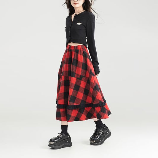 Gingham Lace Trim Midi Skirt