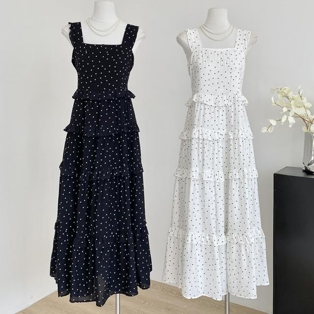 Polka Dot Maxi Dress Ruffled Trim Thin Straps