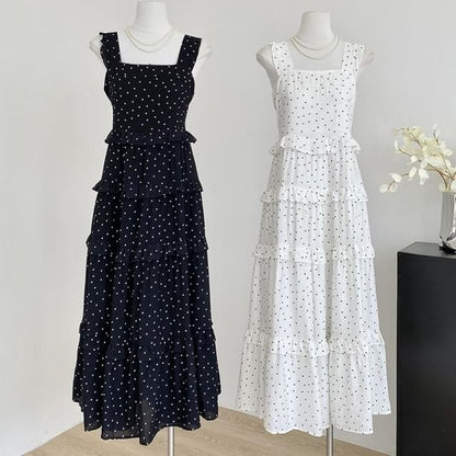 Polka Dot Maxi Dress Ruffled Trim Thin Straps