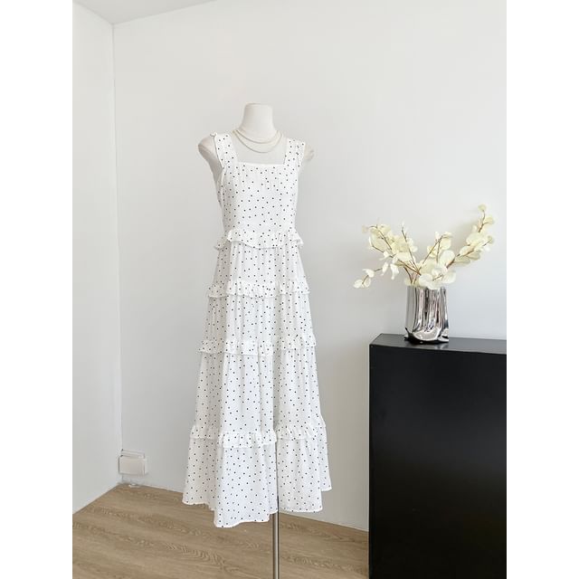 Polka Dot Maxi Dress Ruffled Trim Thin Straps