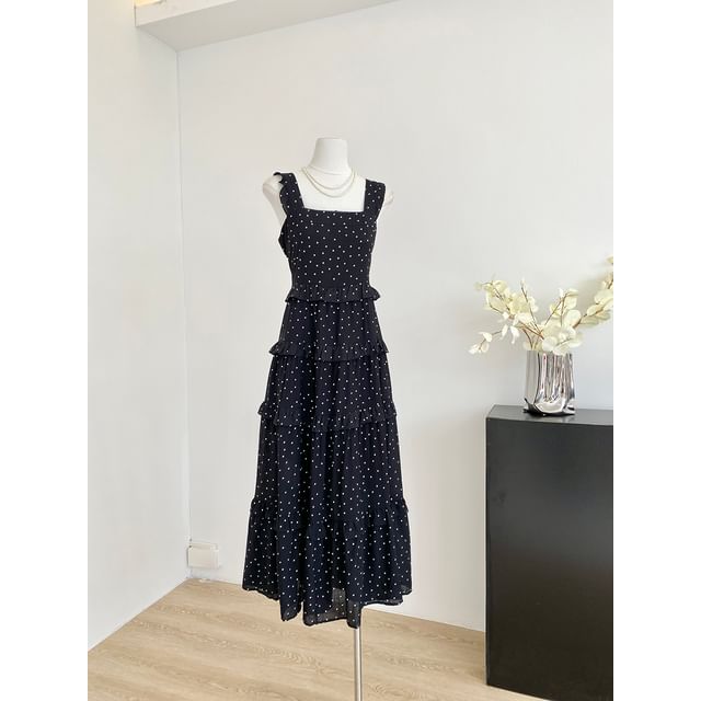 Polka Dot Maxi Dress Ruffled Trim Thin Straps