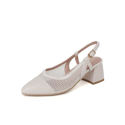 Chunky Heel Pointed Toe Mesh Slingback Sandals
