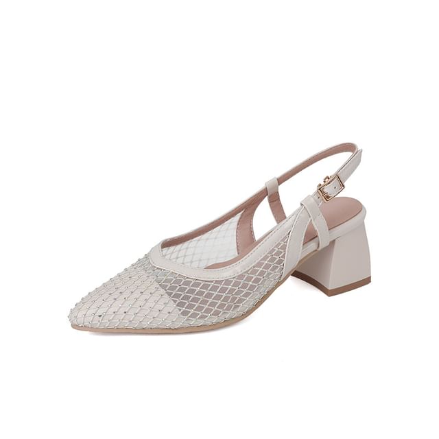 Chunky Heel Pointed Toe Rhinestone Mesh Slingback Sandals