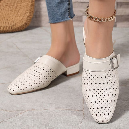 Low Heel Plain Perforated Buckled Faux Leather Mules