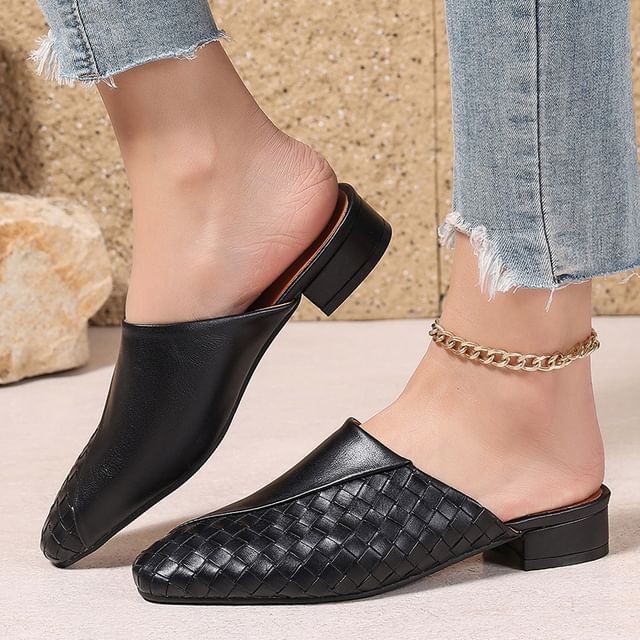 Low Heel Plain Woven Panel Faux Leather Mules