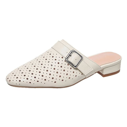 Low Heel Plain Perforated Buckled Faux Leather Mules