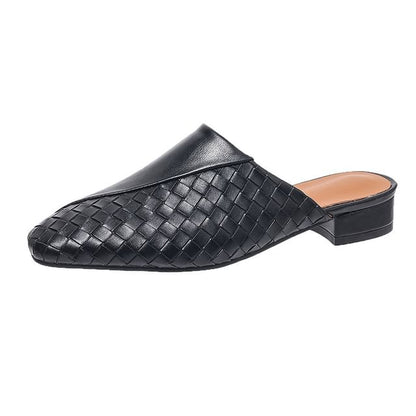 Low Heel Plain Woven Panel Faux Leather Mules