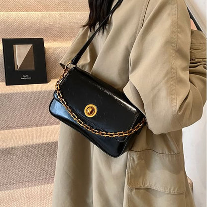 Chain Strap Plain Faux Leather Flap Shoulder Bag