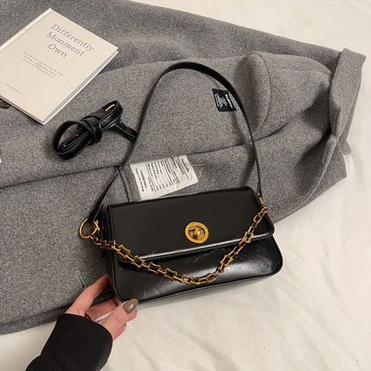 Chain Strap Plain Faux Leather Flap Shoulder Bag