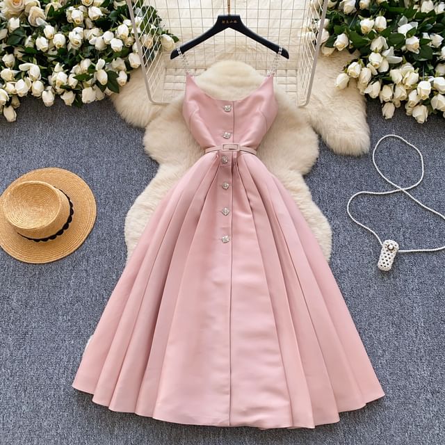 Scoop Neck Pleated Midi Dress Button Down Thin Straps