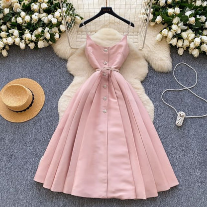 Scoop Neck Pleated Midi Dress Button Down Thin Straps