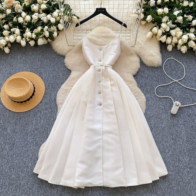 Scoop Neck Pleated Midi Dress Button Down Thin Straps