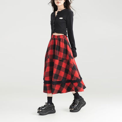 Gingham Lace Trim Midi Skirt