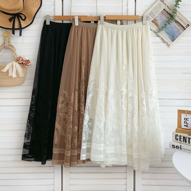 Jacquard Mesh Maxi Skirt - High Waist A-Line Style