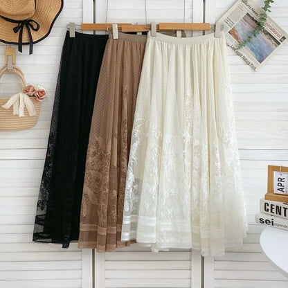 Jacquard Mesh Maxi Skirt - High Waist A-Line Style