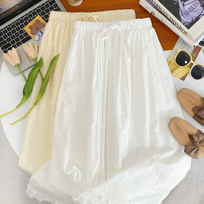 Frill Trim Pintuck Maxi Skirt with Drawstring Waist